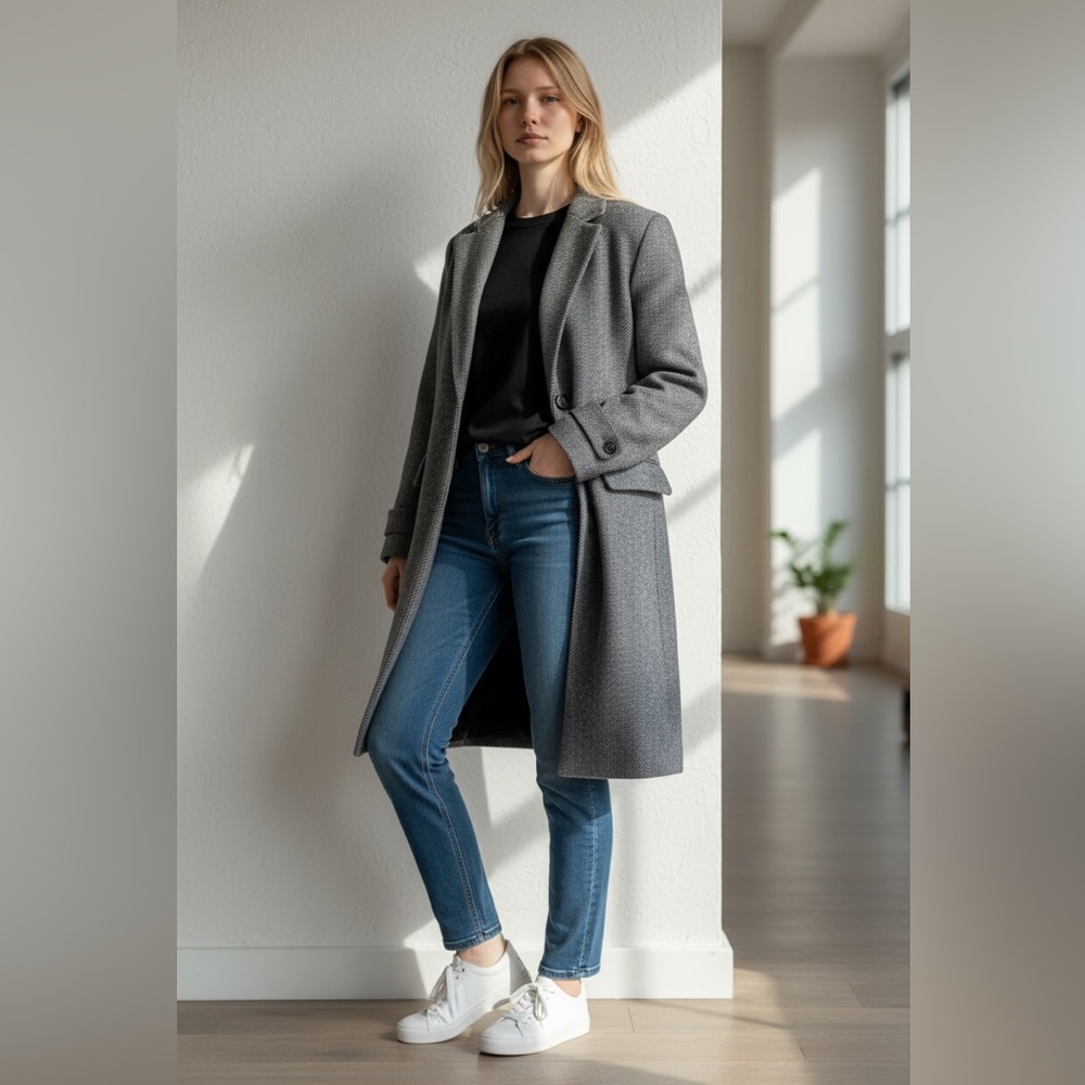 Ralph Lauren Gray Elegant Herringbone Wool Coat